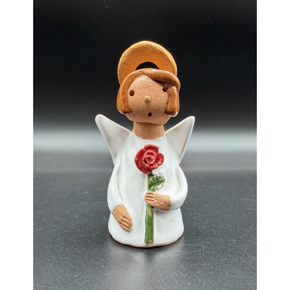Polish Art Pottery Clay Angel Figurine 3” with Red Rose Made in Poland Signed